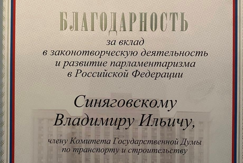 Владимира Синяговского наградили «за вклад в законотворческую деятельность и развитие парламентаризма».